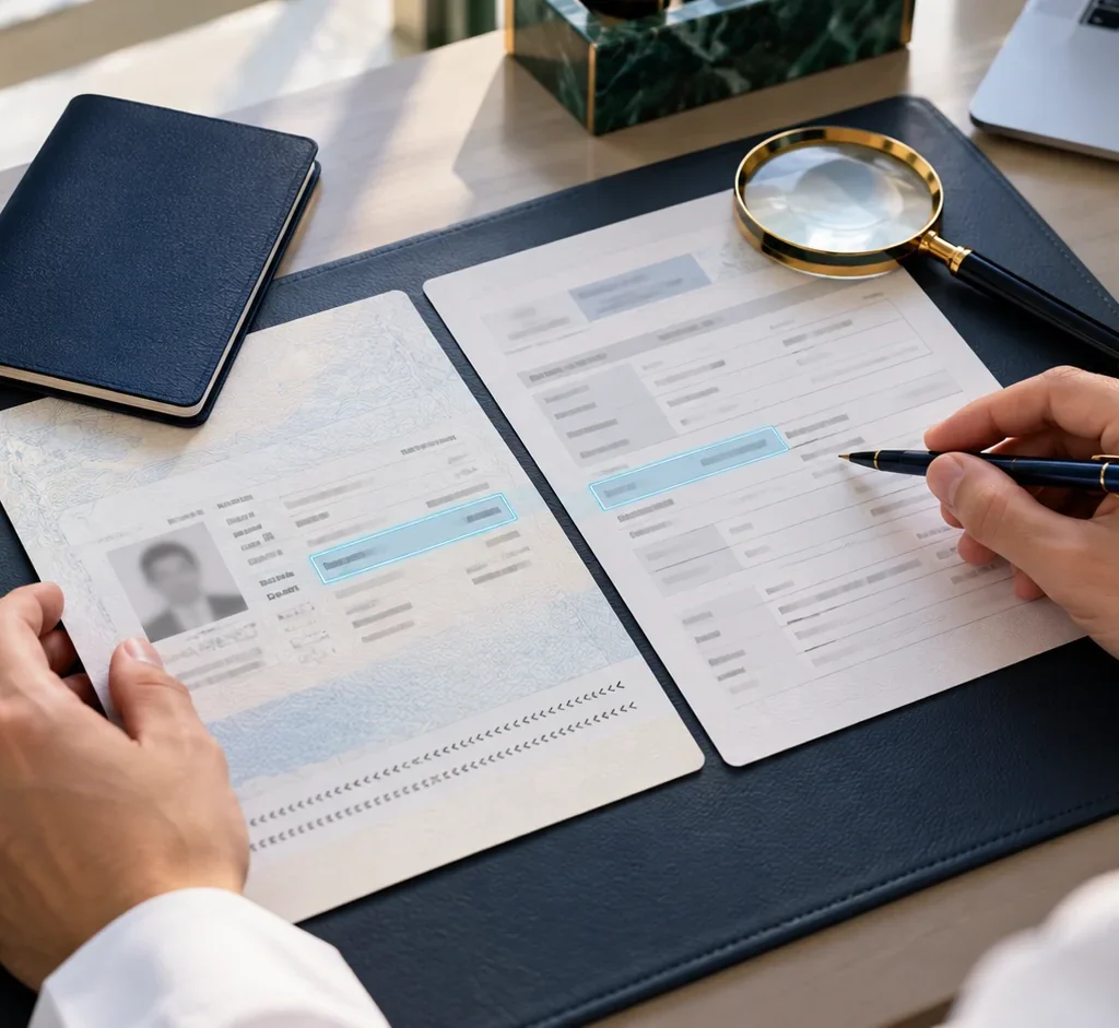 صورة توضيحية لمراجعة تطابق بيانات الاسم بين مستندين